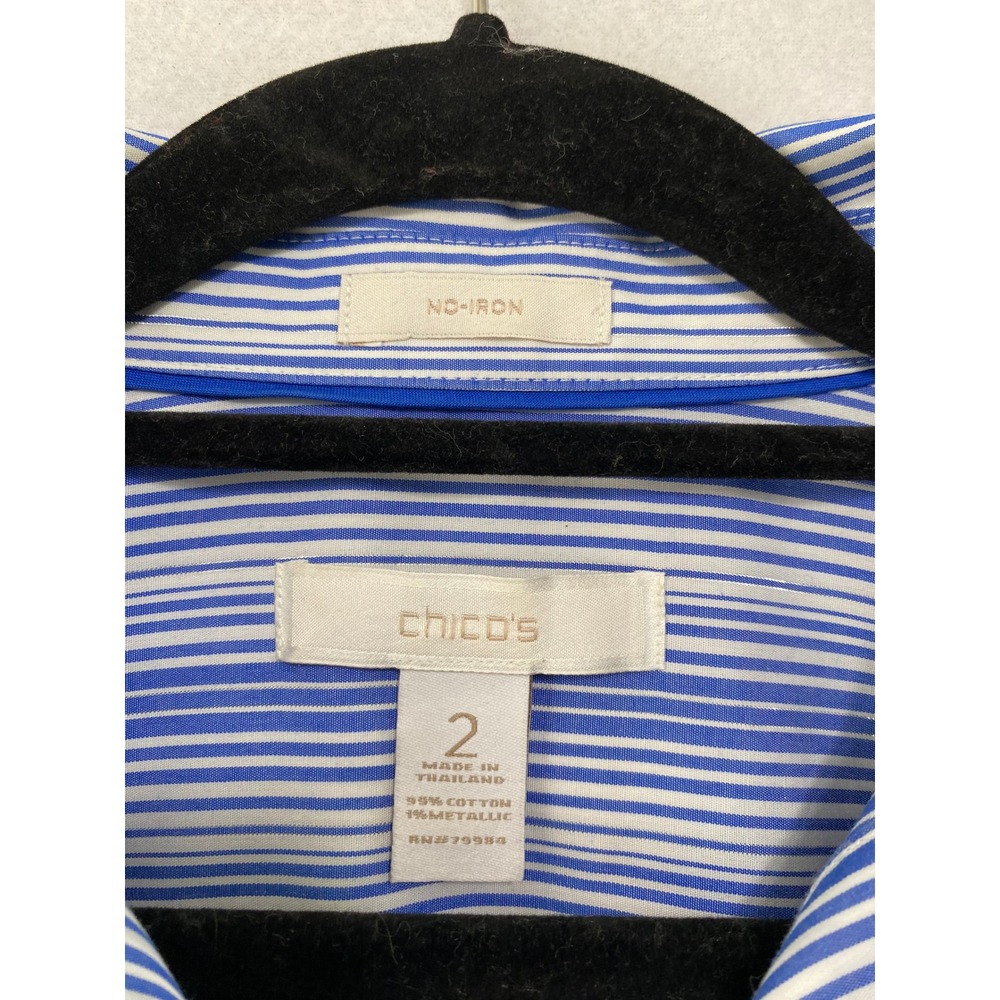Chicos Button Down Shirt Womens 2 Large Blue Striped No-Iron 3/4 Sleeve Metallic - Picture 2 of 10